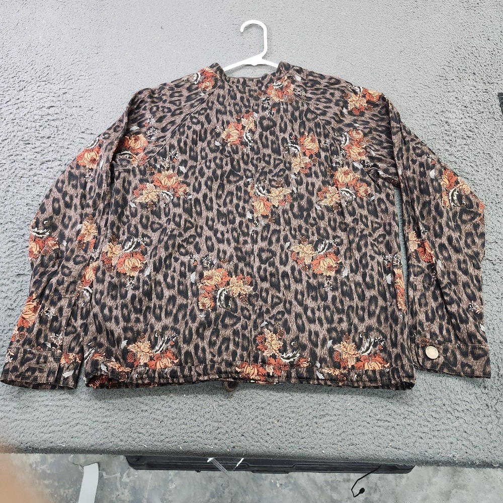 Democracy Jacket Womens Large Brown Leopard Floral Full Zip Drawstring Pockets - Picture 5 of 6